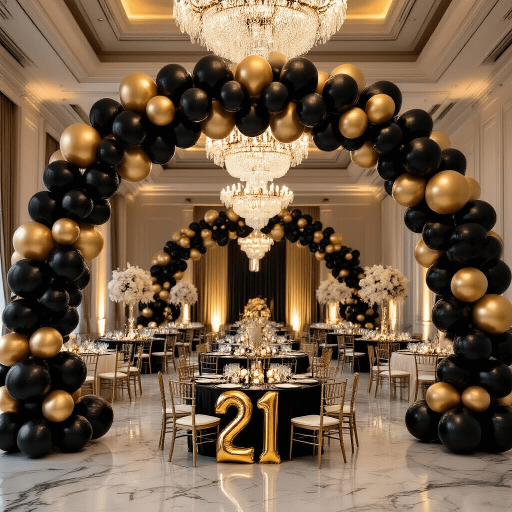 Elegant indoor ballroom adorned with a cascading black and gold balloon arch, round tables with silk ivory linens, glossy '21' foil balloons as centerpieces, and crystal chandeliers illuminating marble floors, creating a luxurious atmosphere during golden hour.