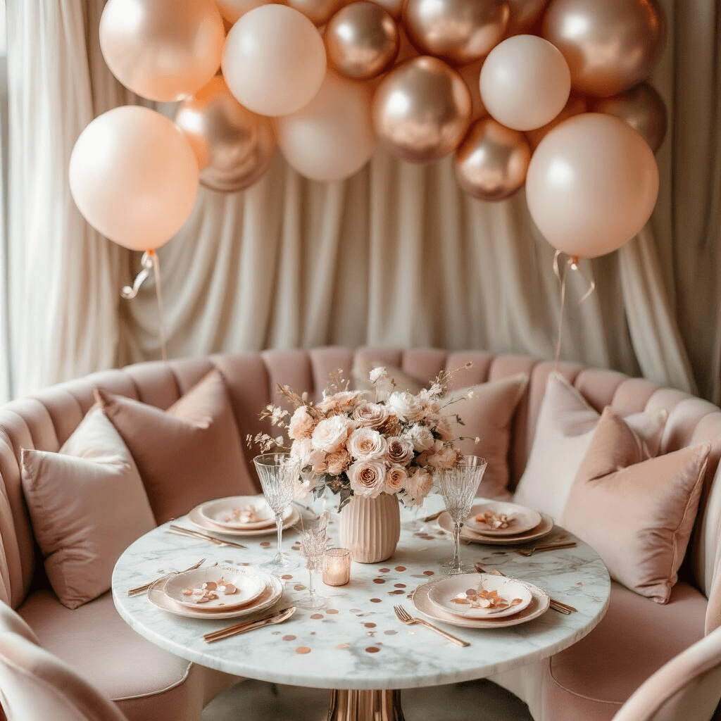 Overhead view of an intimate dining setup featuring rose gold balloon decorations, velvet blush cushions, a low marble table with pastel floral accents, and elegant silk drapery in soft morning light.