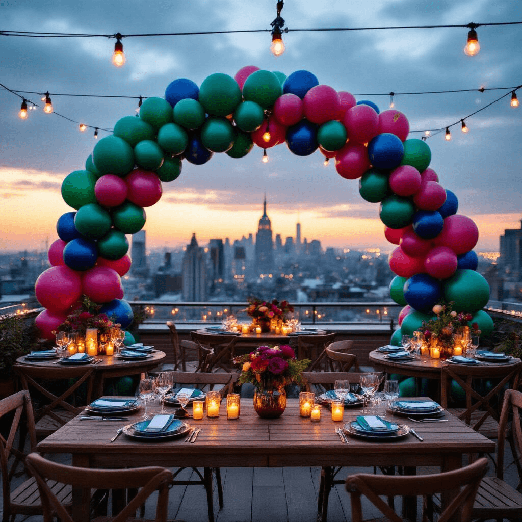 Cinematic rooftop terrace decorated for a 21st birthday bash, featuring an asymmetrical jewel-tone balloon arch in emerald, sapphire, and ruby against a city skyline, rustic wood tables with ceramic place settings, and moody ambient lighting from string lights and candles.