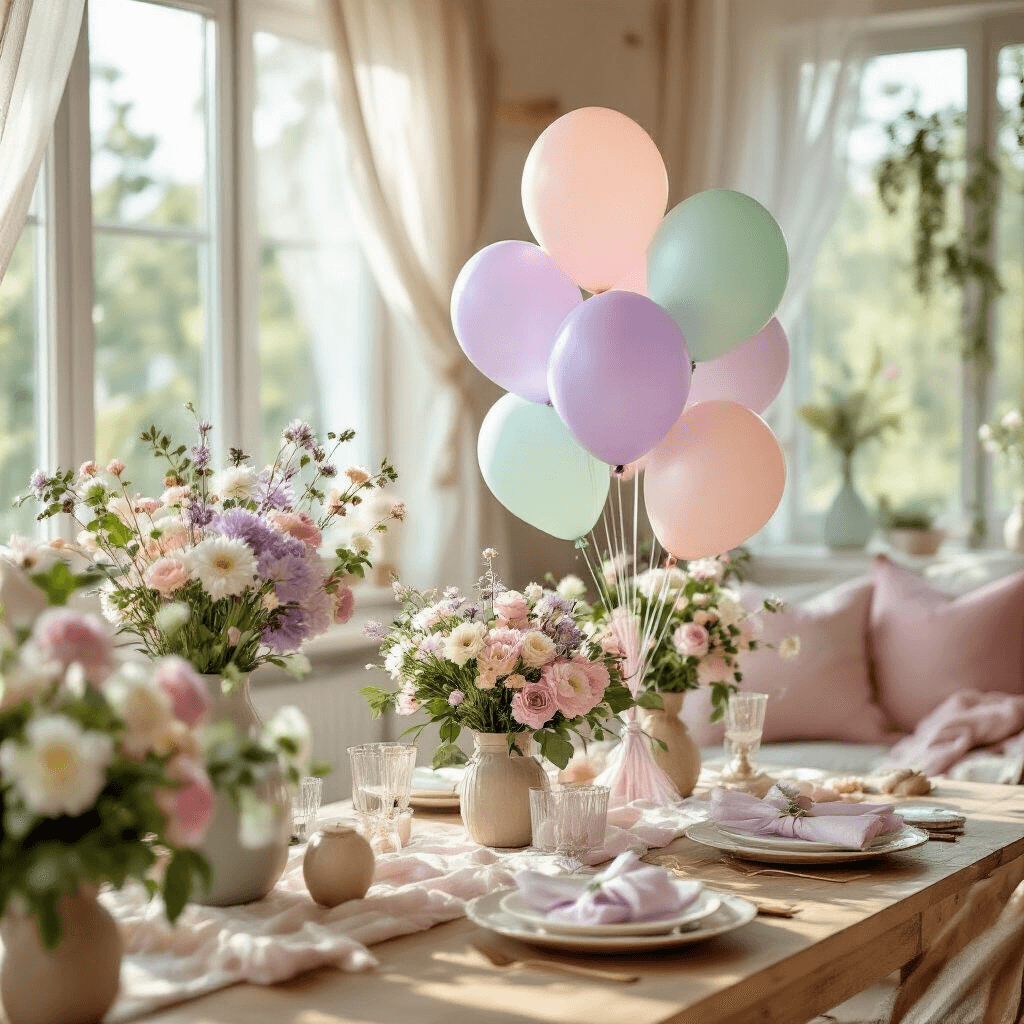 Close-up of a cozy living room with pastel balloons in lavender, mint, and soft pink, arranged at varying heights. Natural sunlight streams through sheer curtains, illuminating wooden surfaces adorned with balloon bouquets and personalized party favors, complemented by fresh florals for a whimsical atmosphere.