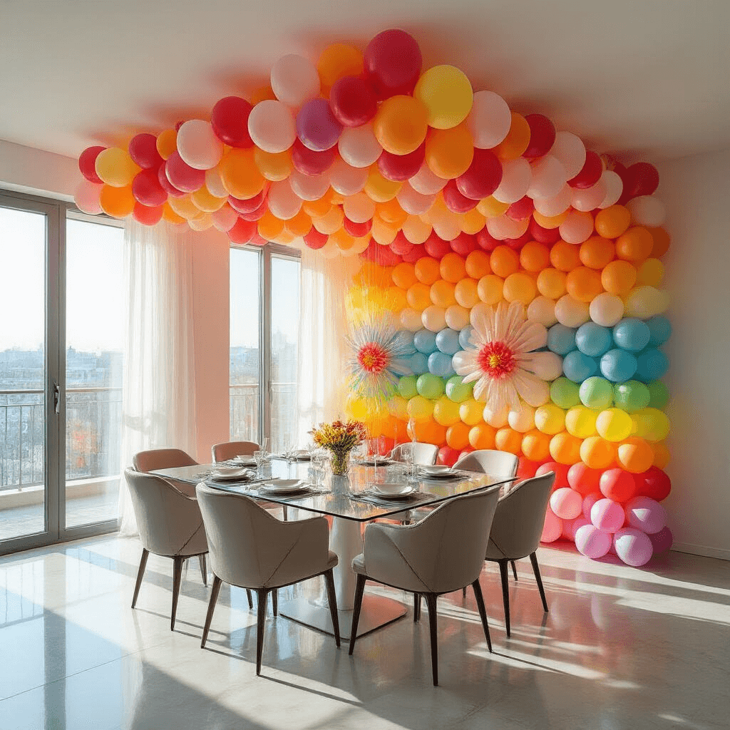 Wide shot of a modern apartment featuring a vibrant ceiling-to-floor balloon cascade in gradient colors, with a glass dining table reflecting colorful balloon clusters and contemporary furniture, all illuminated by bright natural lighting for a festive ambiance.