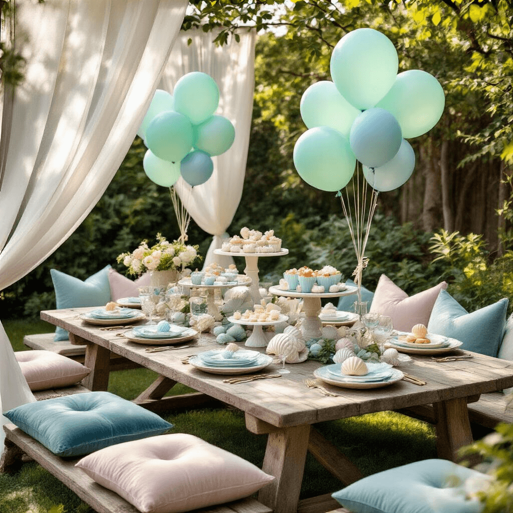 Overhead view of a cozy garden party setup with mermaid balloon centerpieces, rustic wooden tables adorned with green and blue latex balloons, sheer drapery, shell-shaped foil balloons, marble cake stands with ocean-themed treats, and whimsical velvet cushions for seating.