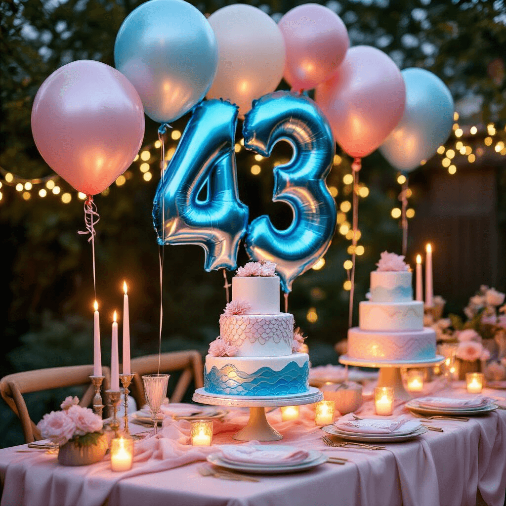 Close-up of a stylish backyard birthday celebration featuring 43-inch mermaid tail balloons, candlelit ambiance with fairy lights, a tiered ocean-wave cake display, and elegant blush pink and cream silk table linens.
