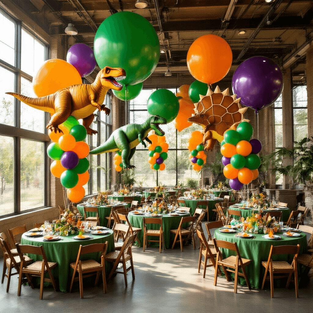 Wide-angle shot of a vibrant indoor party venue decorated like a prehistoric playground, with colorful latex dinosaur balloons around round tables, giant mylar T-Rex and Triceratops balloons overhead, and dinosaur-themed centerpieces featuring fossils and safari green linens. Natural sunlight filters through large windows, creating playful shadows.