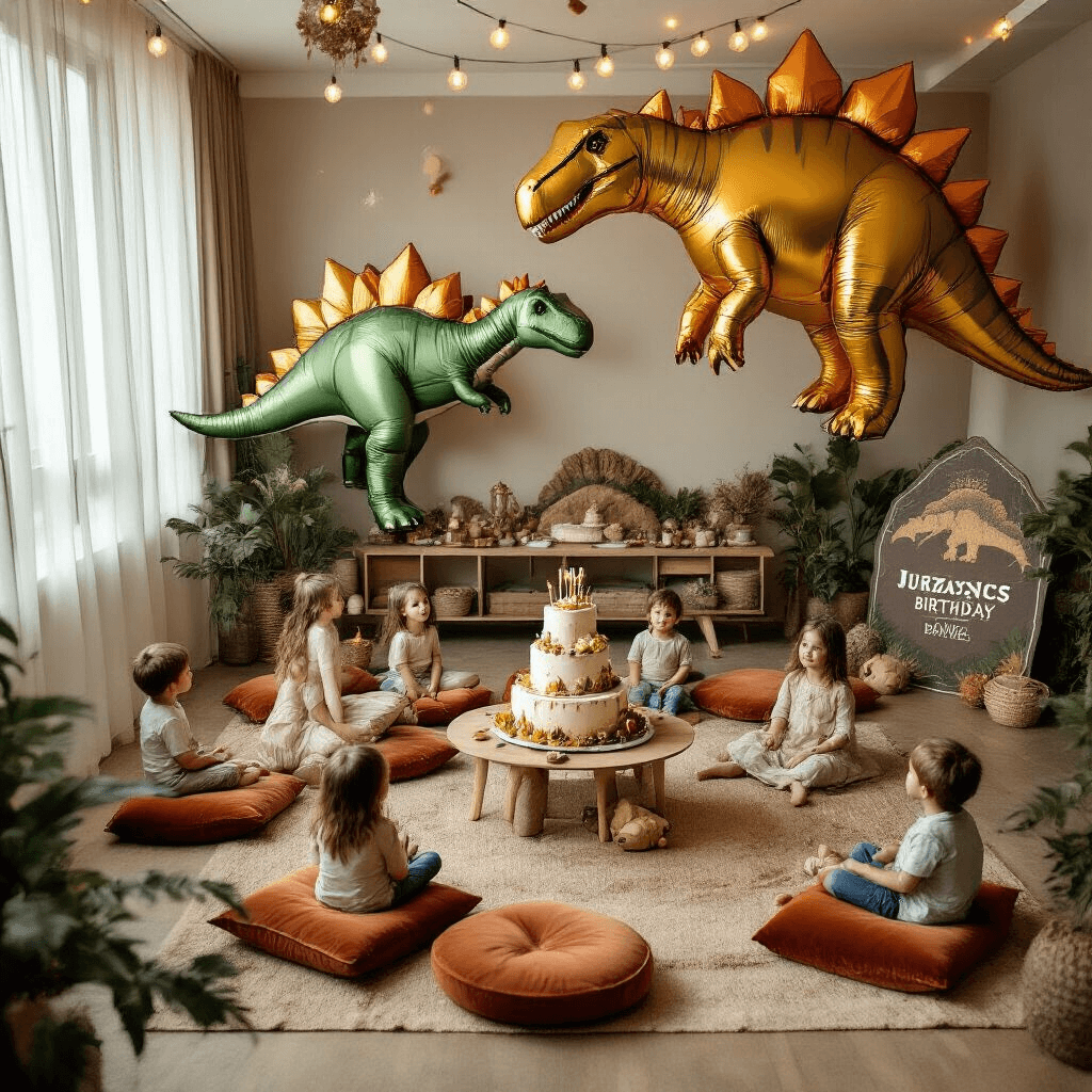 Cinematic overhead view of a stylish birthday party in a modern living room, featuring massive dinosaur balloons, picnic tables with an earthy color palette, fairy lights, children around a tiered dinosaur cake, and prehistoric decorations.