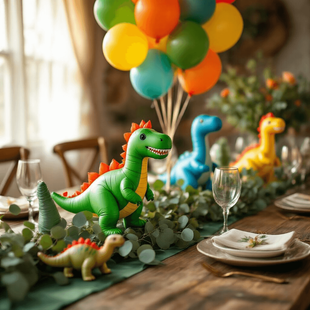 Close-up of a whimsical dinosaur balloon centerpiece on a rustic wooden table, featuring vibrant latex balloon sculptures, fresh eucalyptus garlands, ceramic dinosaur figurines, custom party favors, and a forest green silk table runner, all beautifully illuminated by soft golden hour lighting.