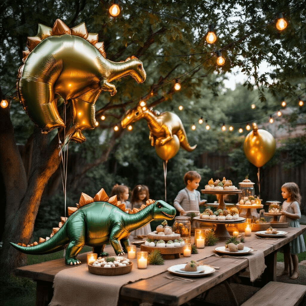 A cozy backyard dinosaur party in the evening, featuring twinkling string lights, giant metallic foil dinosaur balloons, and low wooden tables with fossil-inspired decor. Children enjoy a dessert cart filled with dinosaur-themed treats amidst a terracotta and sage green color scheme.