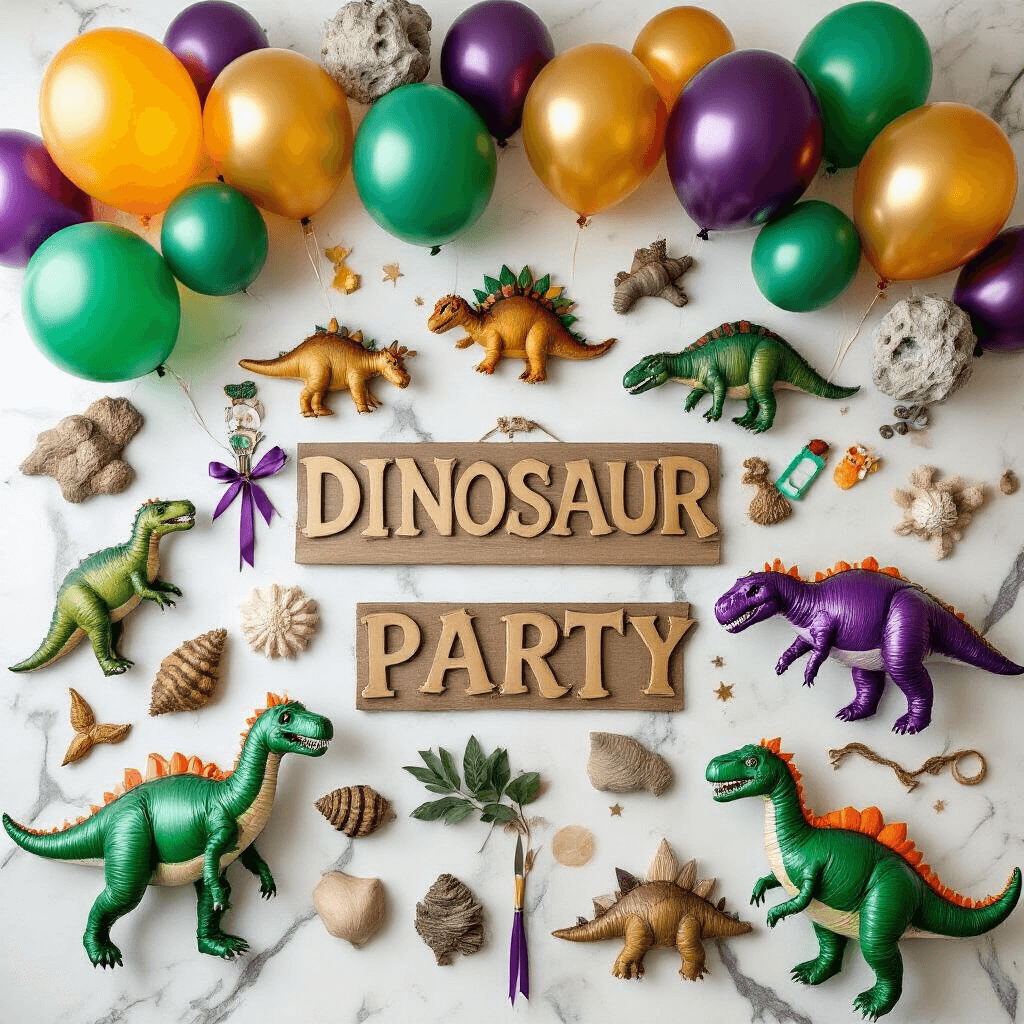 Flat lay of a vibrant dinosaur-themed party setup on a marble countertop, showcasing an array of dinosaur balloons, DIY balloon-twisting supplies, custom party favors, fossil decorations, and handmade signage, all illuminated by natural morning light.