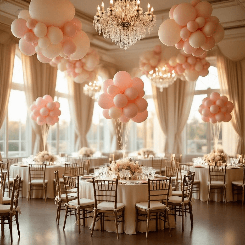 Wide-angle shot of a luxurious indoor ballroom at golden hour, adorned with professional balloon clusters in blush pink and cream, draped silk linens on round tables with marble centerpieces, and sunlight filtering through sheer curtains, enhancing the elegant atmosphere.