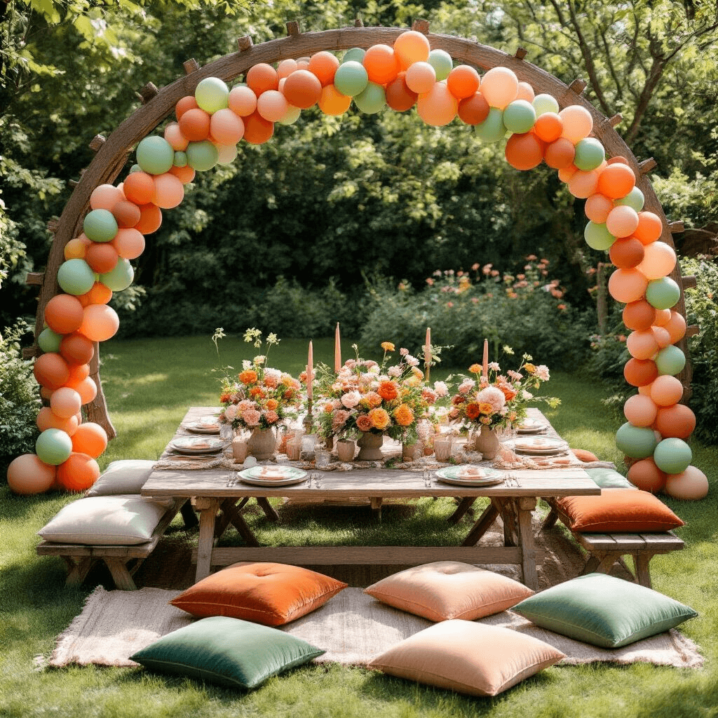 Overhead view of a whimsical garden party setup featuring terracotta and sage balloon garlands woven through rustic wooden arches, low picnic tables adorned with balloon clusters as centerpieces, surrounded by velvet cushions on grass, and fresh florals complementing the decor under bright sunlight.
