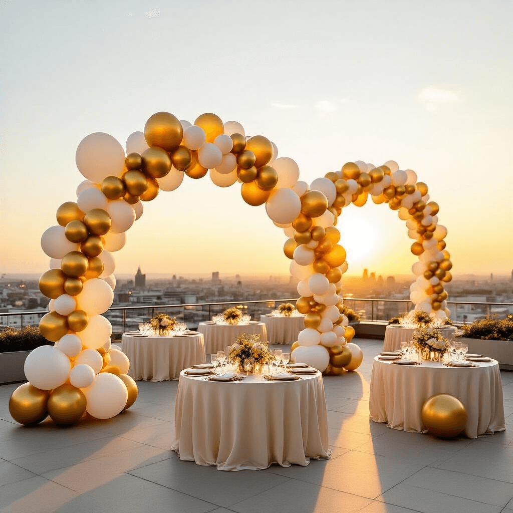 Modern rooftop terrace at golden hour, adorned with elegant gold and ivory balloon garlands, round tables with silk linens, and floating helium balloons against a cityscape backdrop, showcasing gradient effects and warm ambient lighting.