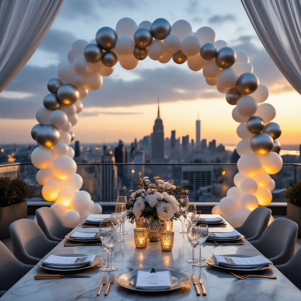 Rooftop terrace celebration with silver and white balloon arch, city skyline at golden hour, twinkling fairy lights, marble-top tables with metallic centerpieces and crystal glassware, sheer white drapery, and elegant place settings with custom signage.