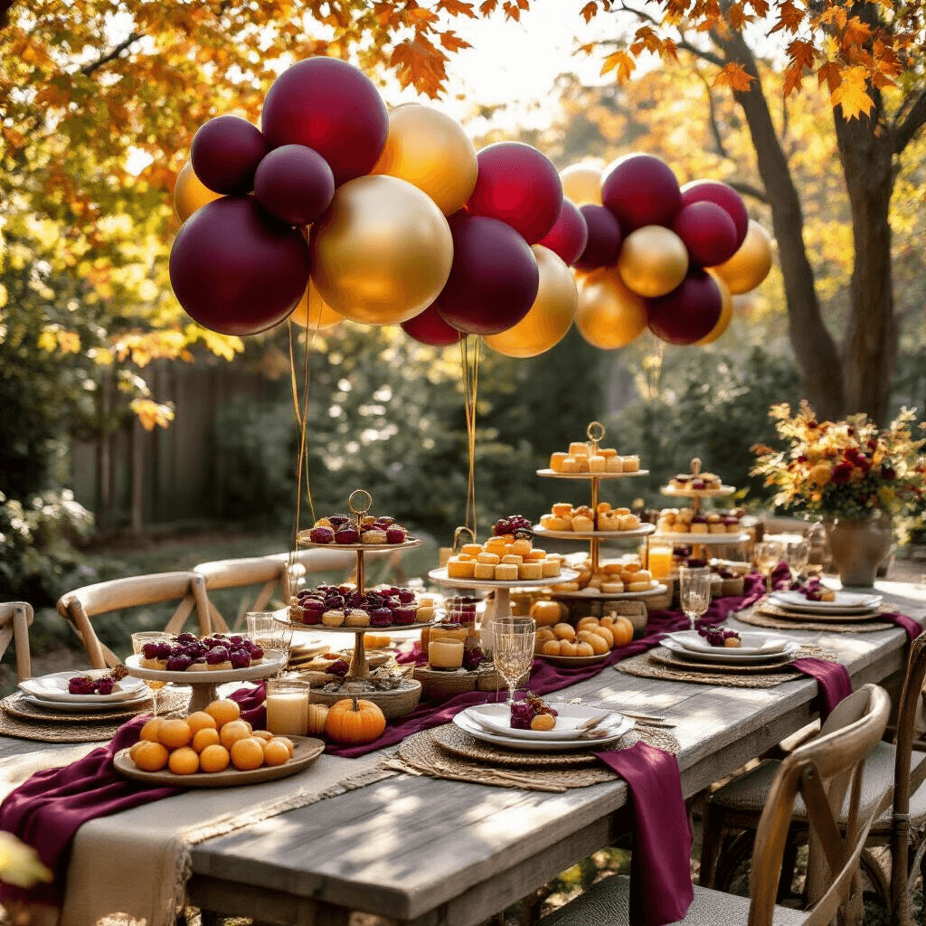 Stylish backyard brunch setup with jewel-toned fall balloons in burgundy and gold, rustic wooden tables, silk runners, tiered dessert displays, and autumn leaves illuminated by midday sun.