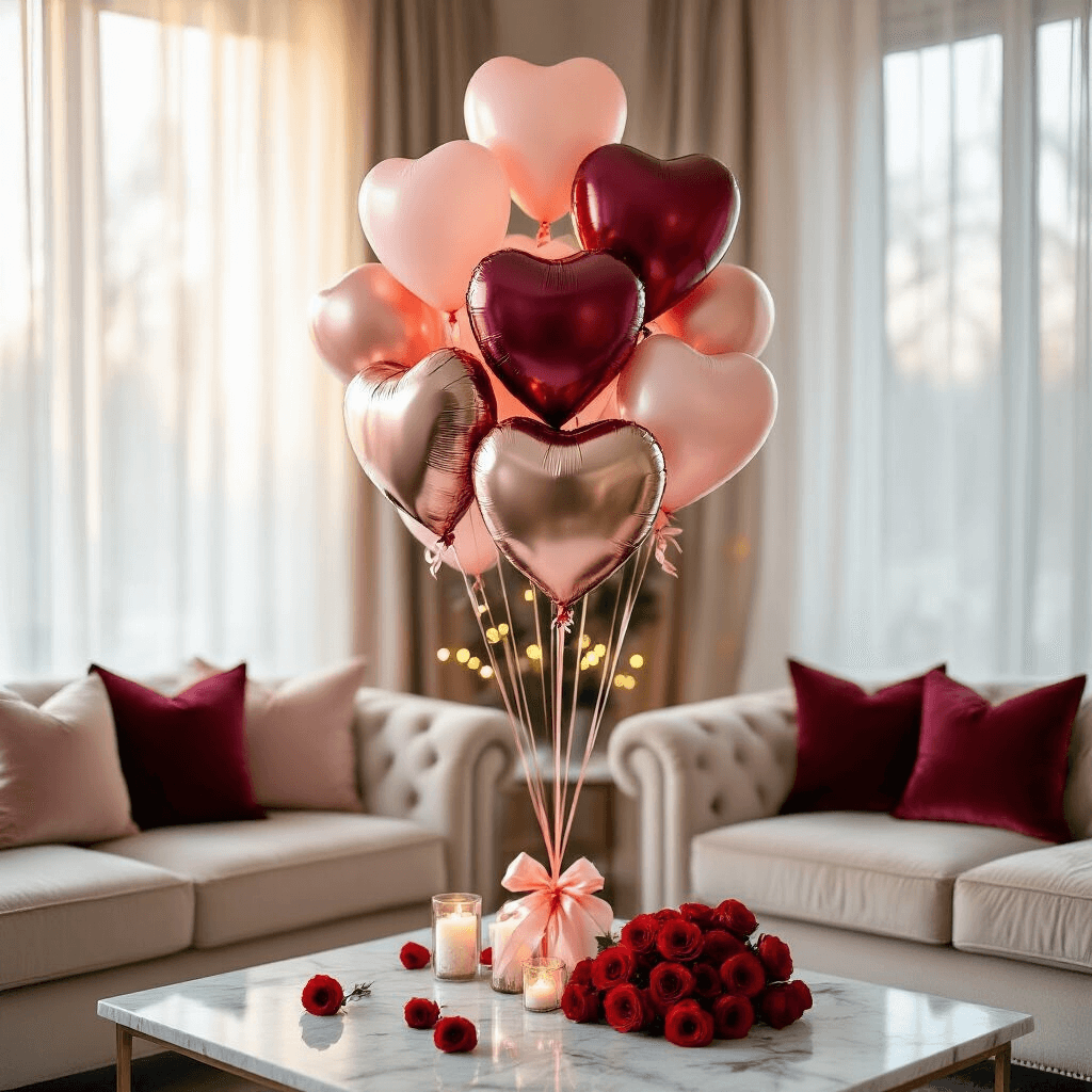 Wide-angle shot of an elegant indoor living room featuring a Valentine's balloon bouquet centerpiece with blush pink, deep red, and rose gold metallic balloons, soft morning light, silk ribbons, scattered red roses, and twinkling fairy lights, framed by luxurious cream velvet cushions.