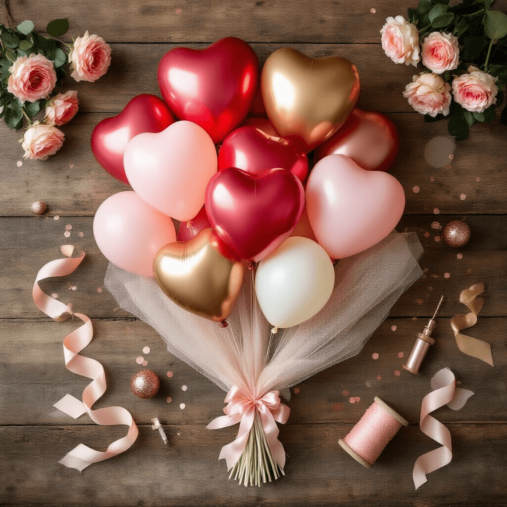 Overhead view of a DIY balloon bouquet station on a rustic wooden table, featuring heart-shaped balloons in red, soft pink, and ivory with rose gold accents, illuminated by golden hour light. The setup includes tulle, glitter confetti, a balloon pump, silk ribbons, balloon weights, and fresh roses, creating a romantic crafting atmosphere.