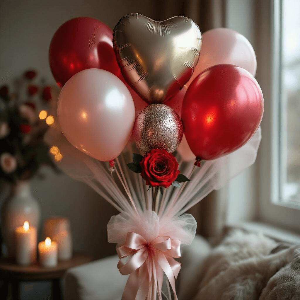 Close-up of a Valentine's balloon bouquet in a cozy apartment corner, featuring printed love themes and metallic finishes, with delicate tulle-wrapped stems and cascading satin ribbons, complemented by a single red rose, all set in a candlelit ambiance that highlights romantic elegance.