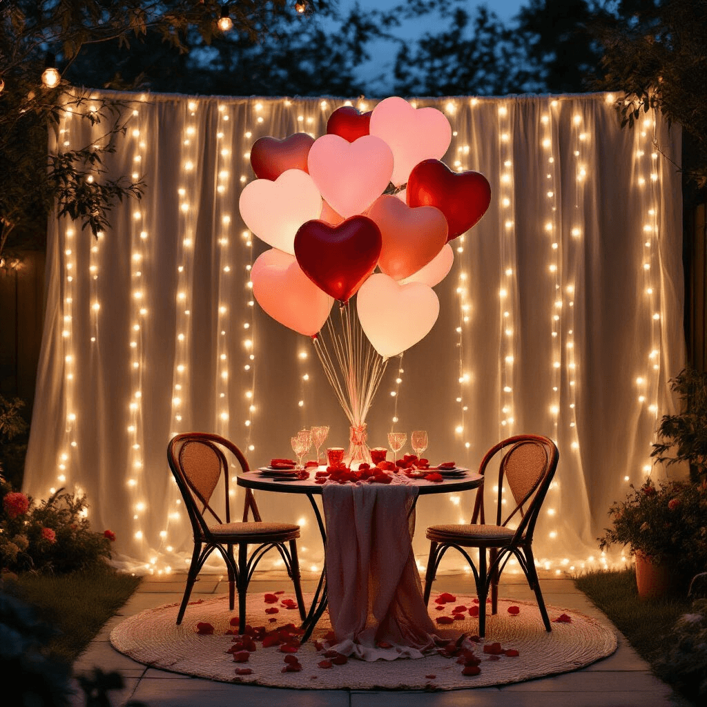 Cinematic wide shot of a romantic backyard Valentine's celebration featuring a balloon bouquet as the focal point, surrounded by string lights, a round bistro table adorned with heart-shaped balloons, and a terracotta and blush pink color scheme with gold accents, creating a whimsical yet sophisticated atmosphere.