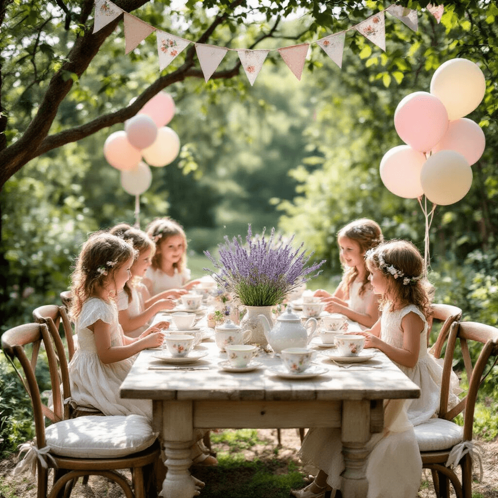 A beautifully styled garden party with rustic tables draped in cream linen, surrounded by vintage chairs adorned with floral cushions. Fresh lavender centerpieces on delicate china tea sets, soft pastel balloon clusters, and whimsical DIY bunting create a cozy atmosphere, perfect for capturing children's joyful moments.