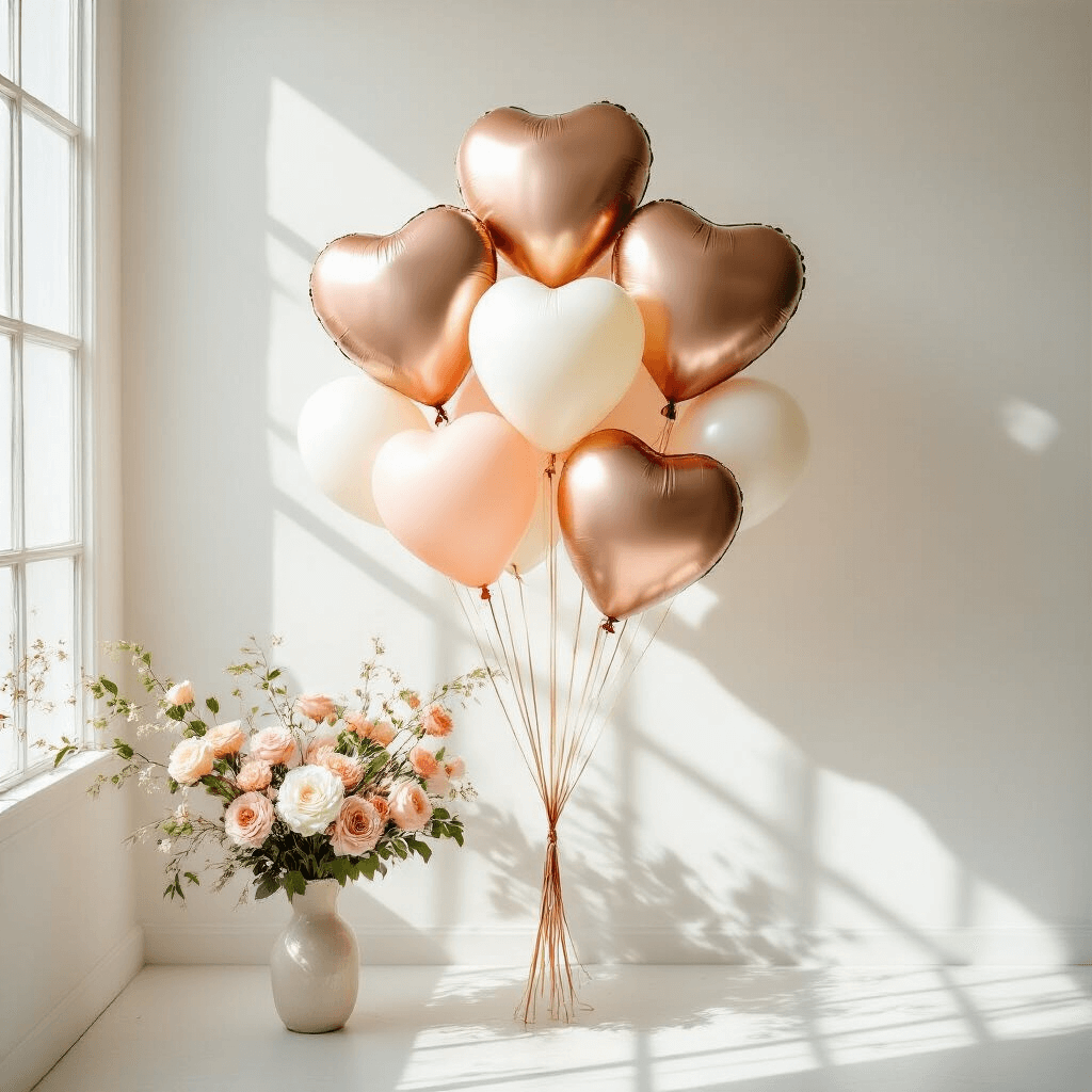 A beautifully styled balloon bouquet featuring large heart balloons in rose gold and ivory, arranged against a clean white backdrop. Fresh floral accents complement the romantic composition, illuminated by soft midday sunlight that highlights the balloon textures and creates gentle shadows. Minimal props enhance the luxe aesthetic, making for a perfect Instagram-worthy image.