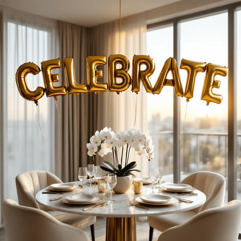 Indoor modern apartment featuring oversized 34-inch metallic gold letter balloons spelling 'CELEBRATE' suspended above an elegant dining setup with a round marble-top table, silk ivory linens, crystal glassware, and fresh white orchid centerpieces, illuminated by golden hour sunlight streaming through floor-to-ceiling windows.