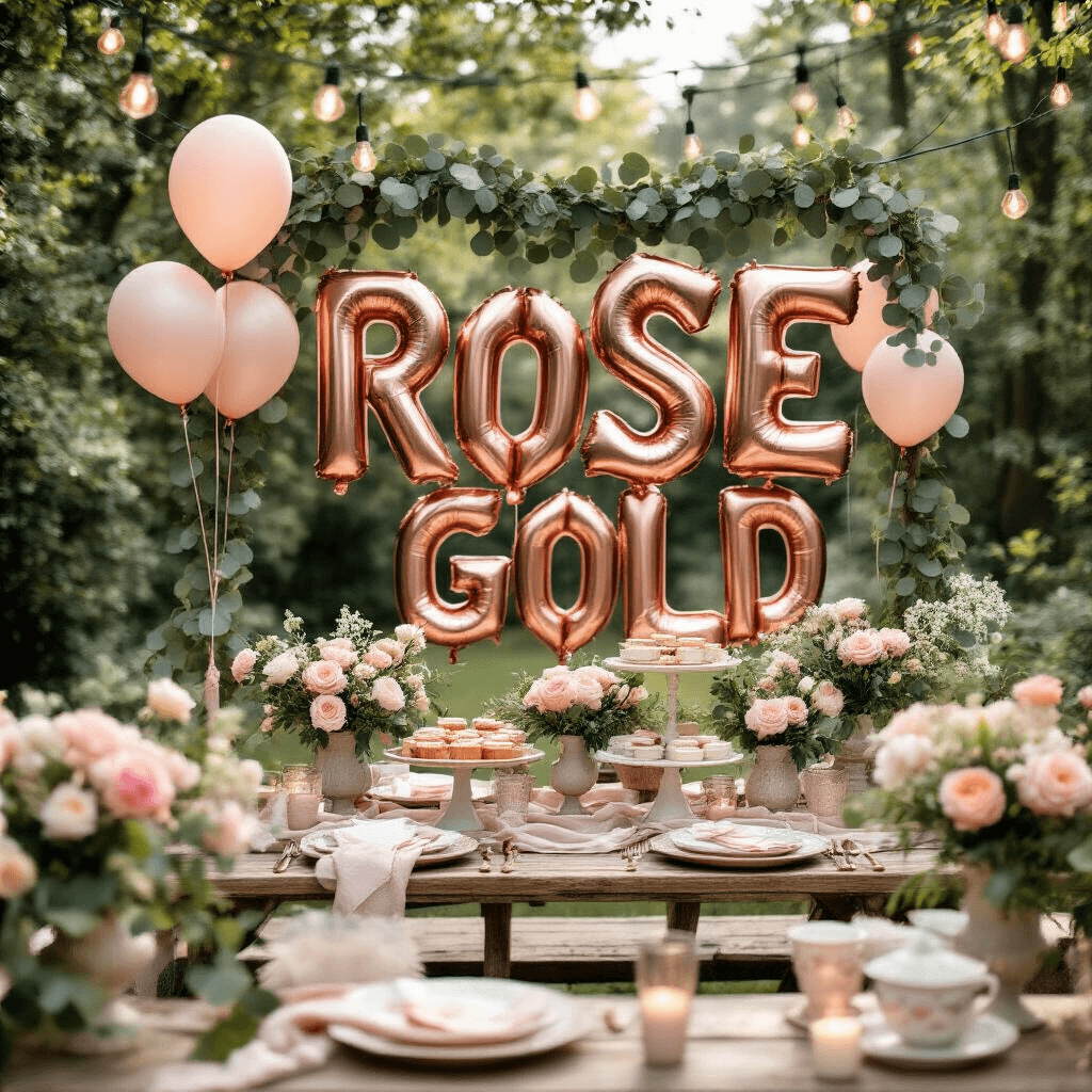 Intimate garden party setup with rose gold letter balloons as a backdrop, featuring rustic wooden picnic tables adorned with blush pink and cream colors, vintage ceramic plates, and soft morning light filtering through string lights entwined with eucalyptus garlands, complemented by fresh peonies and baby's breath.