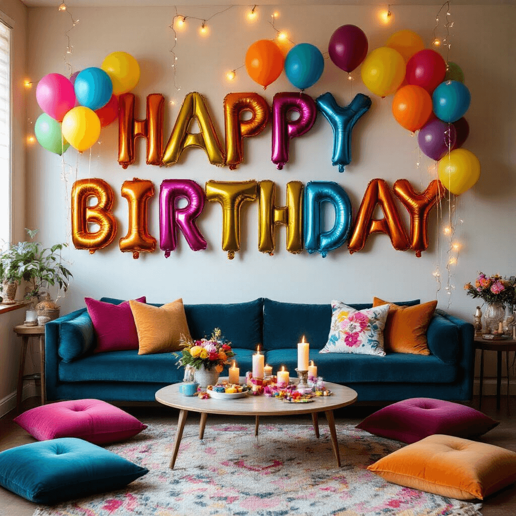 Cozy living room setup for a birthday celebration featuring vibrant multi-colored balloons, velvet floor cushions, a low coffee table, fairy lights, custom party favors, and playful streamers, all creating an intimate atmosphere.