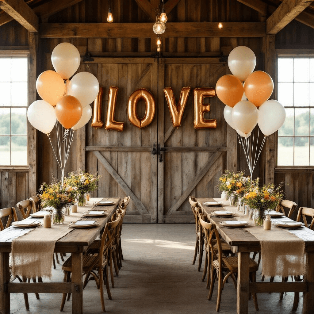 A rustic barn celebration featuring air-filled letter balloons on a reclaimed wood backdrop, long farmhouse tables with burlap runners, mason jar wildflower centerpieces, and a warm terracotta and sage color palette, all illuminated by natural sunlight streaming through barn doors.