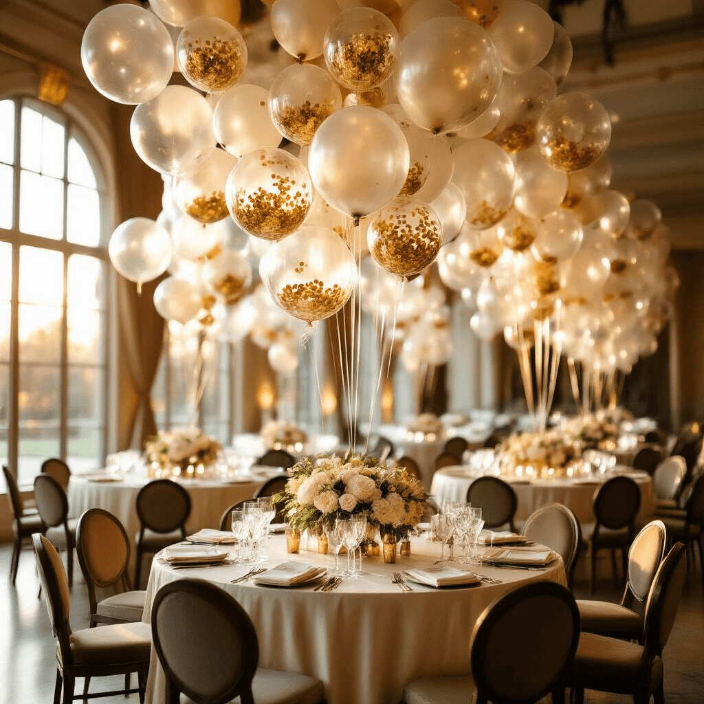 Wide-angle shot of an elegant indoor ballroom at golden hour, featuring clusters of transparent balloons with gold confetti, ivory silk-draped tables, crystal centerpieces, and sunlight streaming through tall windows, highlighting luxurious velvet chairs and floral arrangements.