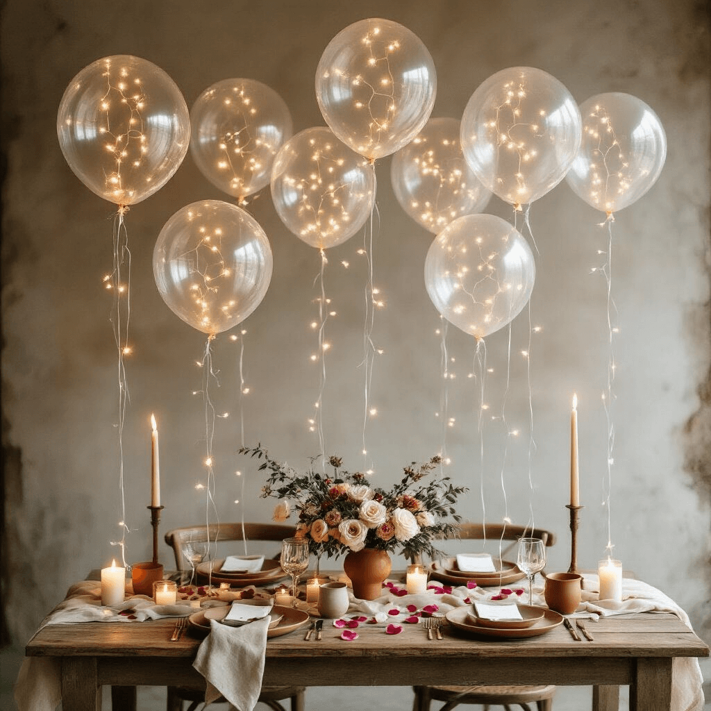Overhead view of a romantic dining setup with transparent balloons filled with LED lights above a rustic wooden table adorned with terracotta and sage colors, ceramic place settings, linen napkins, scattered rose petals, and soft candlelight.