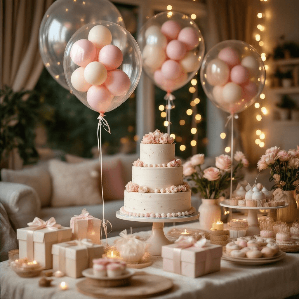 Cinematic close-up of a whimsical birthday party setup featuring transparent balloons with smaller pastel balloons, a tiered cake display, layered textiles, custom party favors, and soft ambient lighting from fairy lights in a cozy living room.