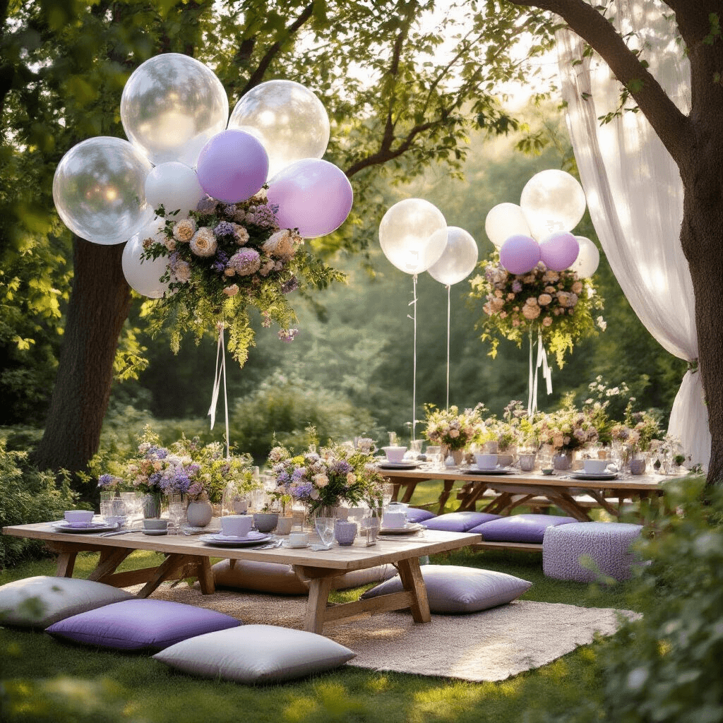 A serene outdoor garden party setup featuring low picnic tables with lavender and silver floor cushions, transparent balloons between trees, and seasonal floral arrangements, all illuminated by soft morning light filtering through sheer drapery.
