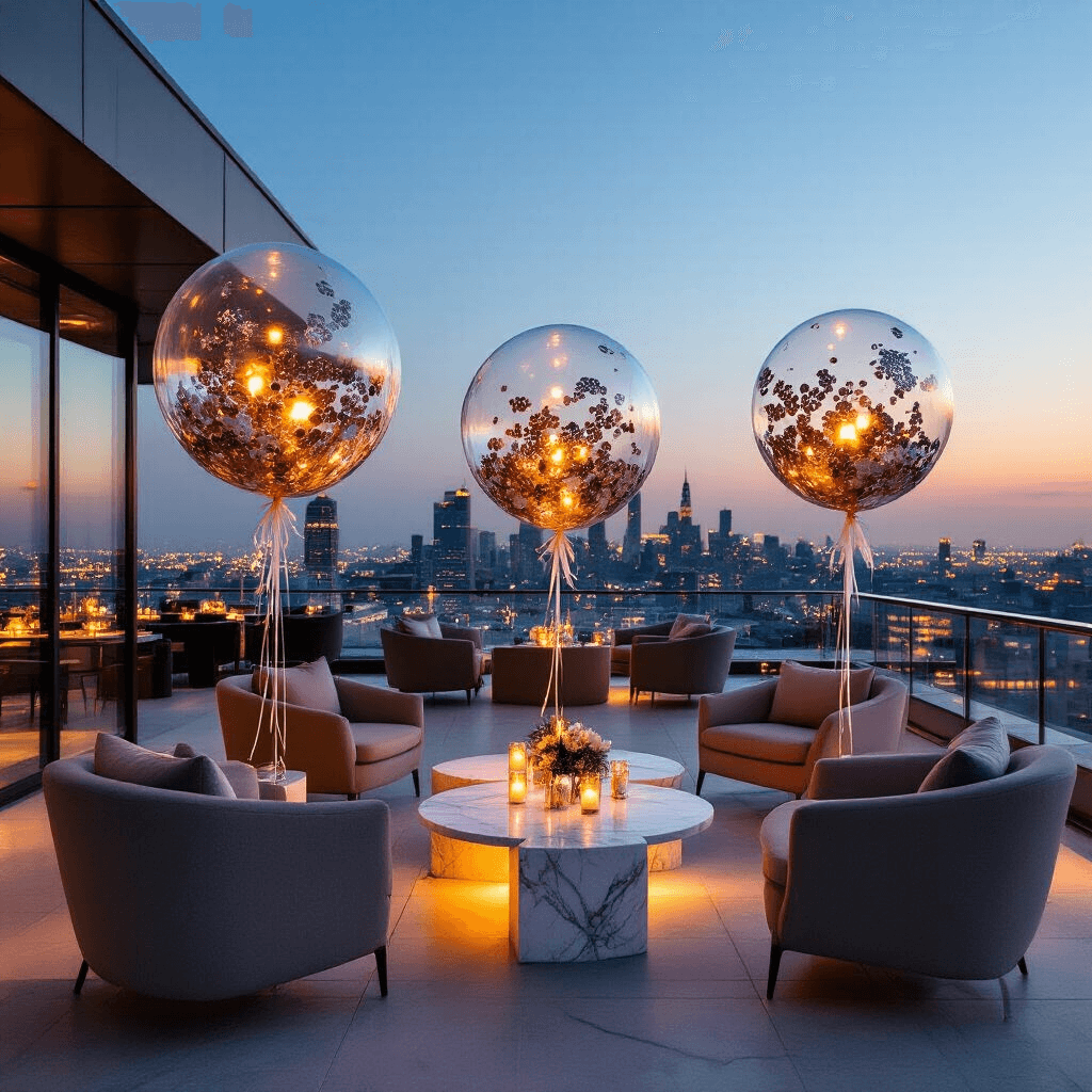 Wide-angle evening shot of a modern rooftop terrace corporate event featuring minimalist transparent balloon installations, sleek furniture, marble accent tables, and ambient LED lighting, with city lights in the background.