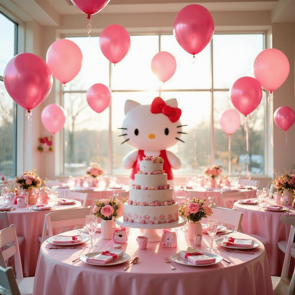 A bright indoor birthday party venue featuring Hello Kitty foil balloons, pastel pink silk table linens, character-shaped giant balloons, and an elegant tiered cake display with floral arrangements, all bathed in morning sunlight.