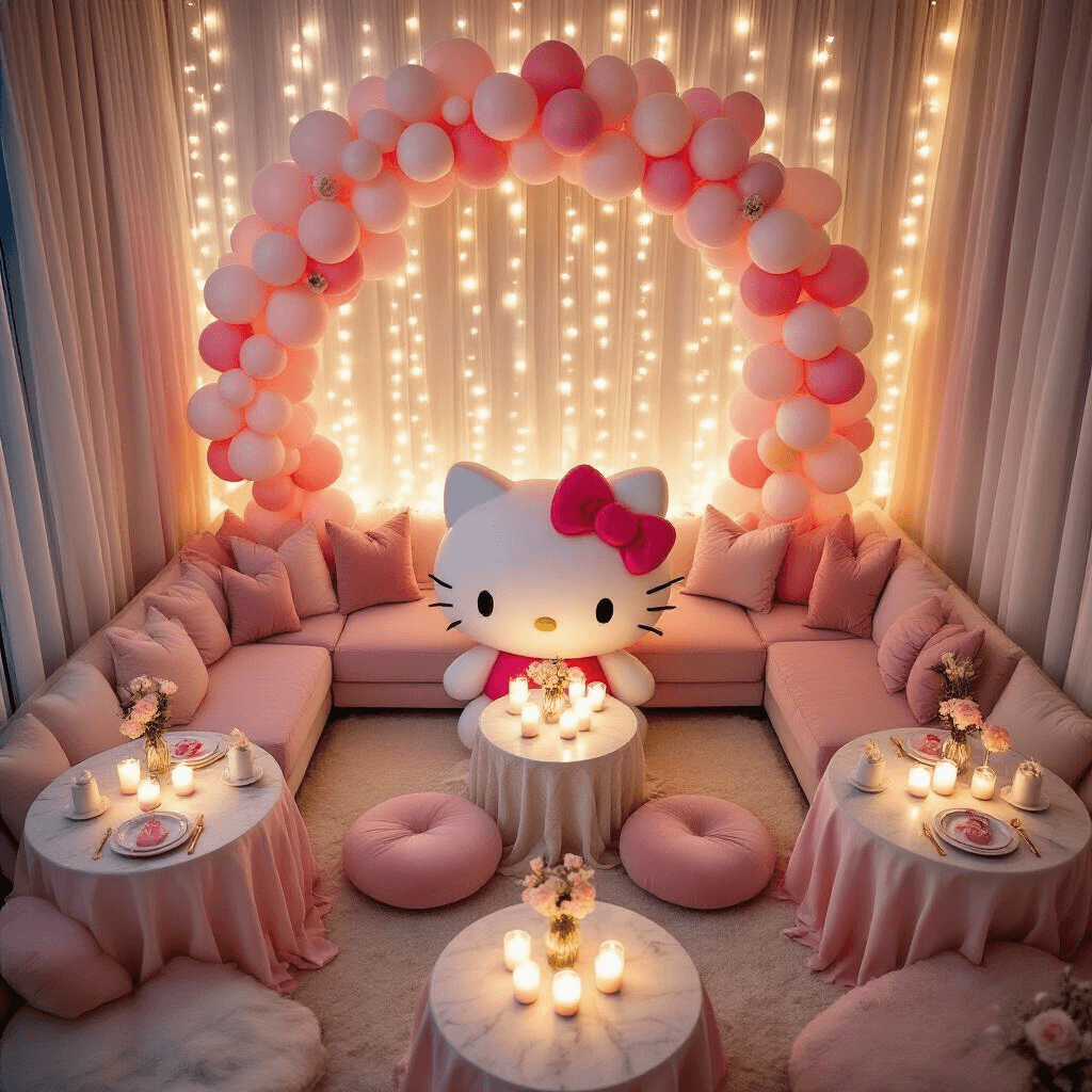Cinematic overhead view of a cozy living room transformed into a Hello Kitty wonderland, featuring soft candlelight, fairy lights, plush velvet cushions, and pastel table settings with a balloon garland centerpiece.