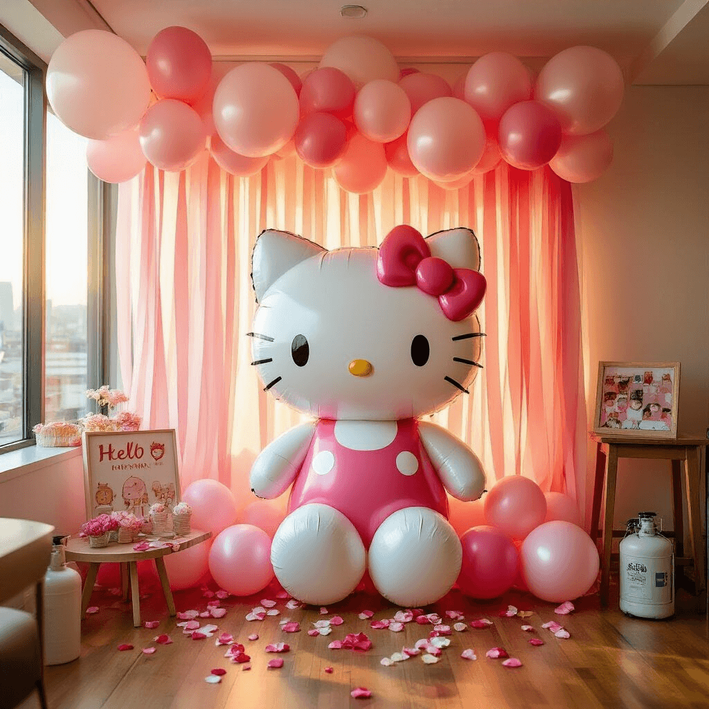 Close-up of a vibrant Hello Kitty balloon photo booth corner in a modern apartment, featuring large character balloons, cascading silk streamers, scattered rose petals on a wooden floor, and visible balloon pump accessories, all bathed in warm golden hour light.