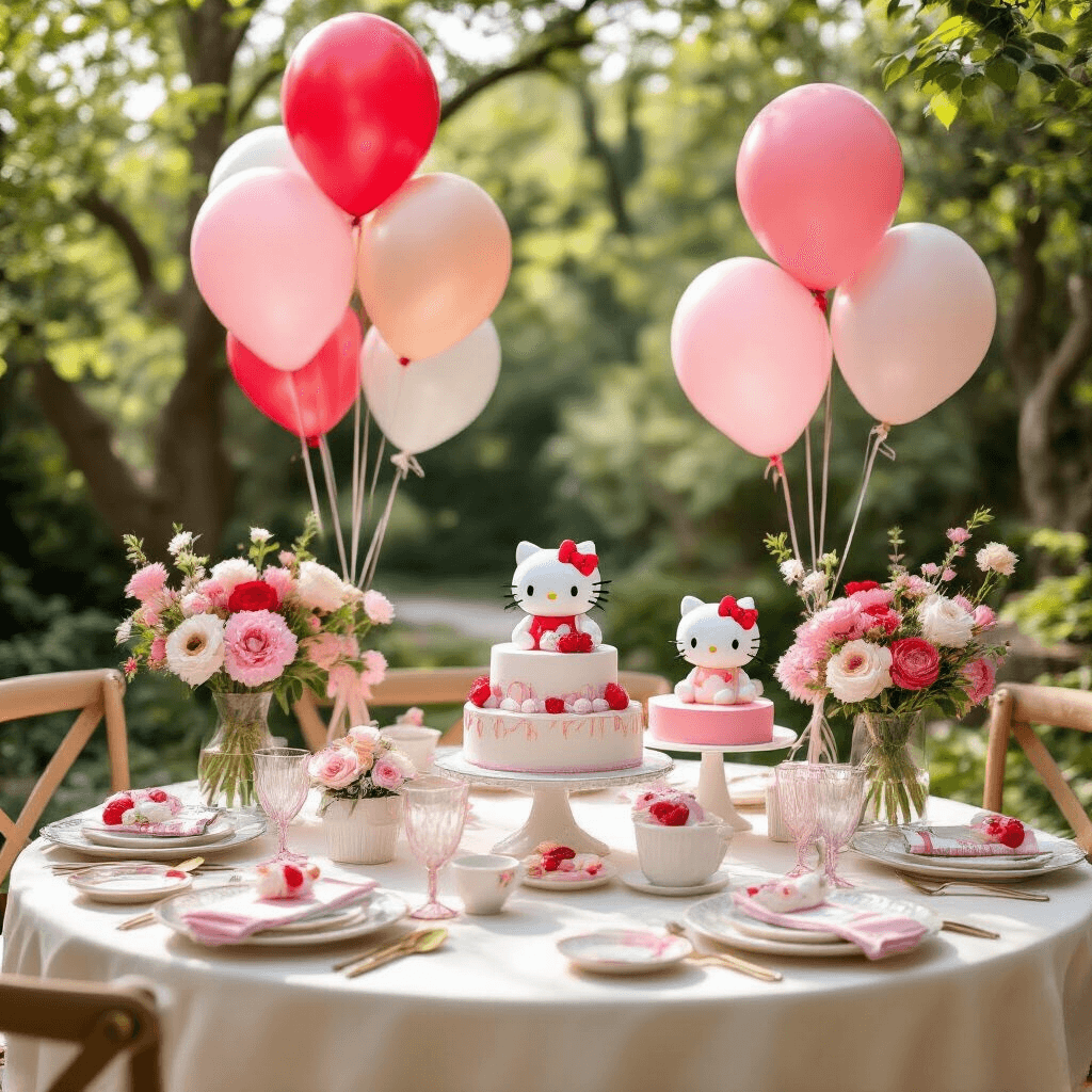 A whimsical Hello Kitty-themed tablescape in a charming backyard garden, featuring round tables dressed in cream linens, accented by balloon centerpieces in pink and pastel hues, vibrant floral arrangements, and elegant glassware, all bathed in soft morning light.