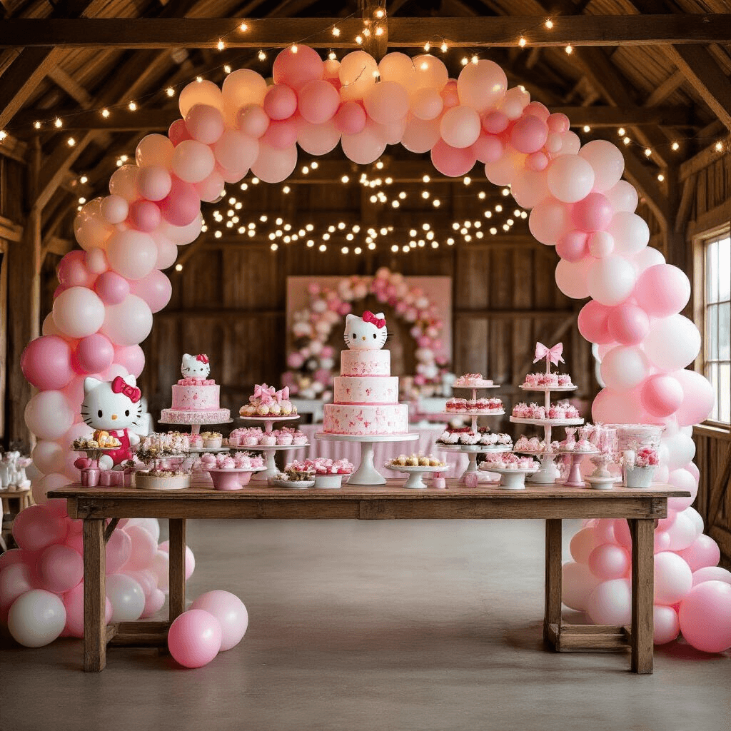 Wide shot of a festive Hello Kitty celebration in a rustic barn, featuring fairy lights overhead, balloon arches, dessert carts, and tiered birthday cake stations adorned with soft pink decorations, all under wooden beams in a playful yet luxe minimal style.