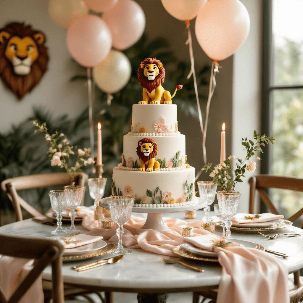 Close-up of a beautifully set dining nook featuring a three-tiered Lion King birthday cake, blush pink and cream silk table runners, floating character balloons, crystal glassware, gold-rimmed place settings, acacia branch centerpieces with candles, and vintage wooden chairs around a marble-topped table with custom party favors and jungle-themed decor.