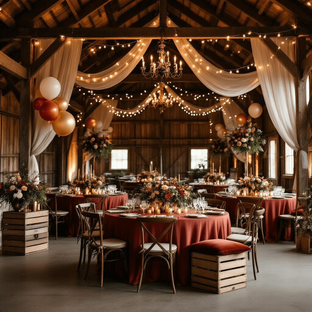 A cozy barn venue illuminated by candlelight, featuring wooden beams adorned with fairy lights and colorful balloon installations. Round tables covered in terracotta and sage linens showcase brass candle arrangements and wild floral centerpieces. Character foil balloons and vintage crates filled with desserts enhance the warm atmosphere, while sheer drapery and velvet cushions create intimate seating areas with themed photo booth props.