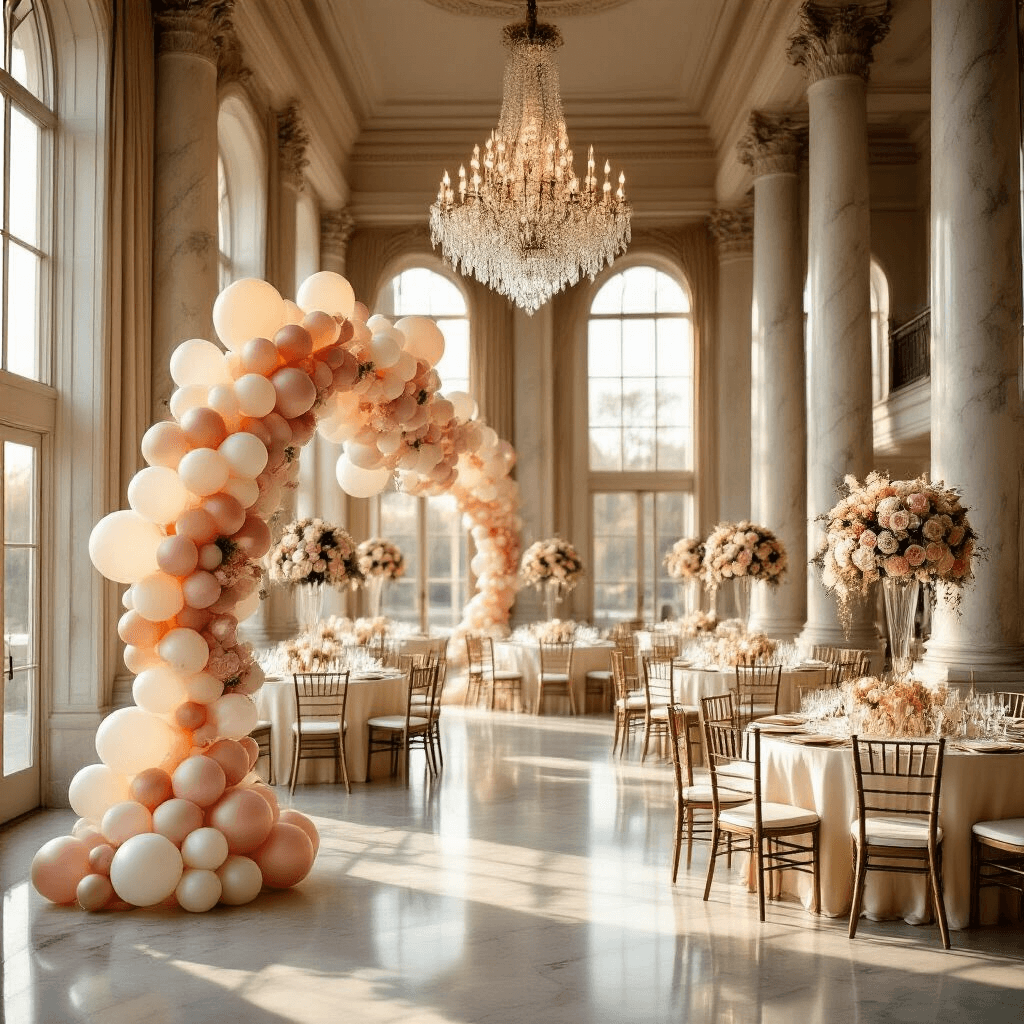 Cinematic wide-angle shot of an elegant indoor ballroom with marble columns and crystal chandeliers, featuring a blush pink, ivory, and champagne metallic balloon garland, silk ivory table linens, and elevated centerpieces under golden hour sunlight.