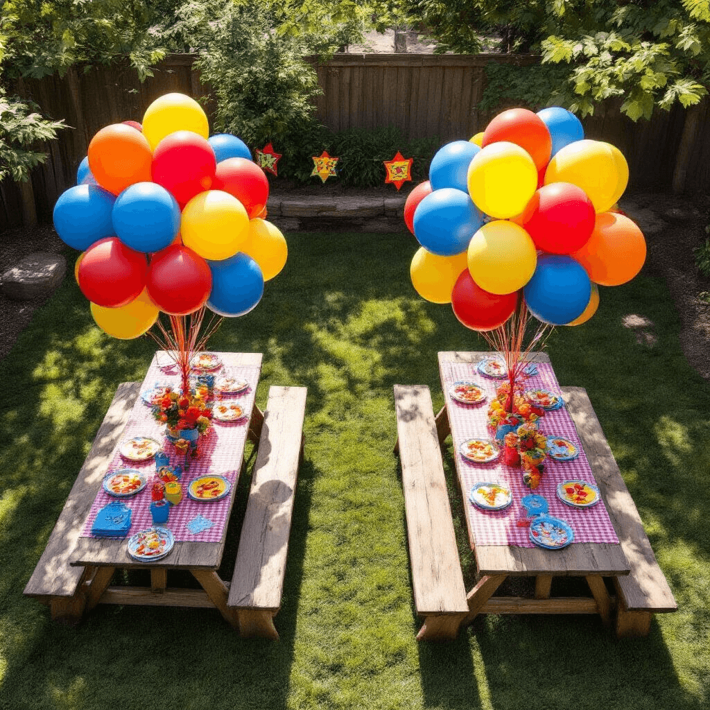Overhead view of a whimsical children's backyard party featuring vibrant primary-colored balloon clusters, picnic tables with gingham linens, rustic wooden surfaces with themed superhero decorations, colorful streamers, and scattered party favors amid lush green grass.