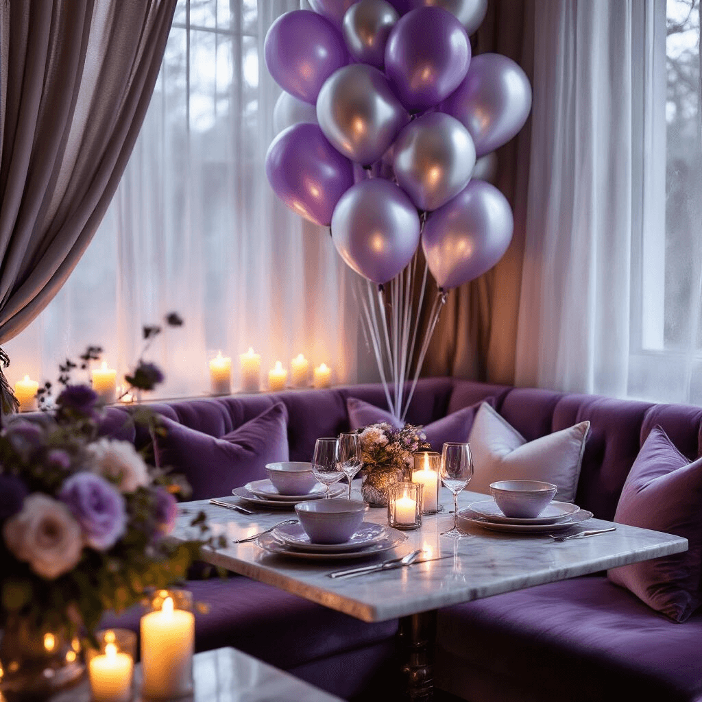Intimate dining nook illuminated by soft candlelight, featuring a delicate lavender and silver balloon garland, velvet cushions, and a marble-top bistro table, with layered textures of sheer drapery and ceramic place settings, complemented by clustered pillar candles and fresh floral accents.
