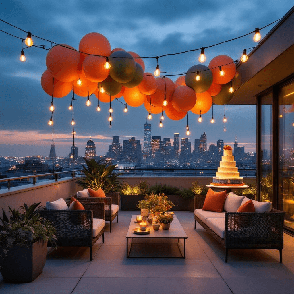 A modern rooftop terrace at night featuring a city skyline, adorned with terracotta and sage balloon installations above sleek furniture, string lights, a tiered cake display, and geometric planters, all illuminated by warm ambient lighting.