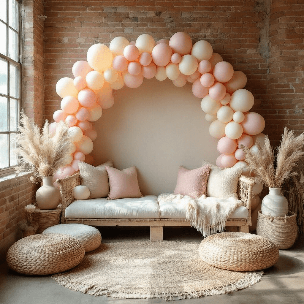 Stylish living room corner with DIY pastel balloon backdrop in dusty rose and cream, bohemian floor cushions, woven textiles, and natural sunlight highlighting exposed brick walls and decorative elements like macrame, ceramic vases, and personalized signage.