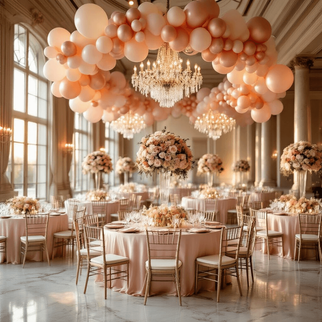 Elegant indoor ballroom during golden hour with round tables dressed in blush pink linens, towering pastel balloon arch centerpieces, and glowing chandeliers illuminating marble floors. Floating helium balloons in rose gold and cream accent dramatic ceiling installations, while soft light highlights floral arrangements and sparkling glassware on each table.