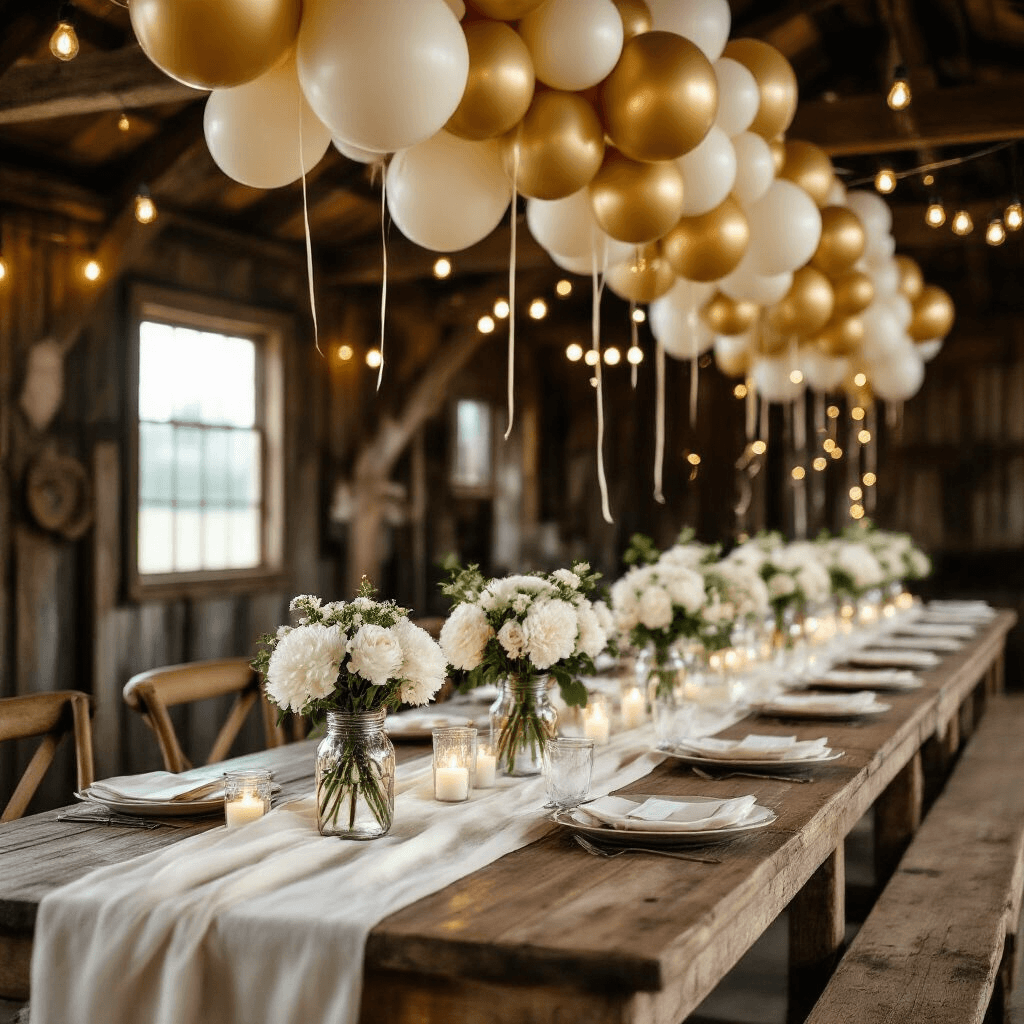 Cinematic close-up of a rustic barn celebration featuring long wooden tables with ivory linen runners, gold and cream balloon garlands, mason jar centerpieces with white peonies, and warm string lights illuminating weathered wood walls.