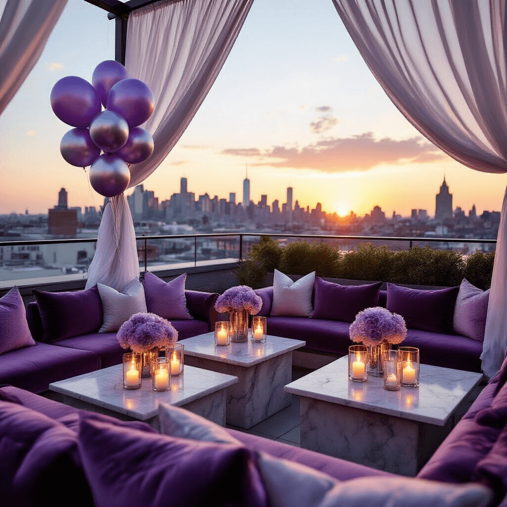 Intimate rooftop terrace party at sunset with velvet lounge seating, low marble tables adorned with lavender and silver balloon clusters, sheer white drapery, flickering pillar candles, and a city skyline backdrop.