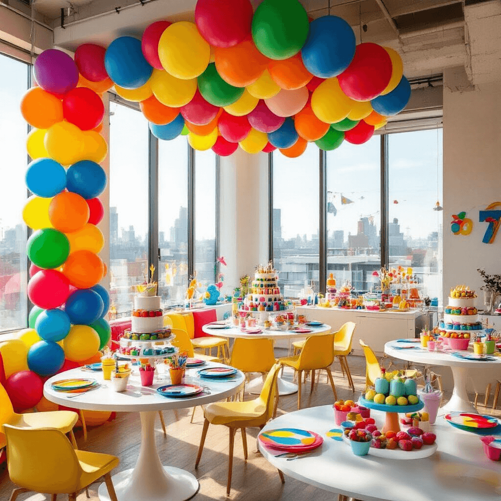 Wide-angle view of a lively children's birthday party in a modern apartment, featuring bold primary colored balloon decorations, round tables with rainbow linens, tiered cake stands, colorful party favors, oversized number balloons, and natural sunlight illuminating the scene.