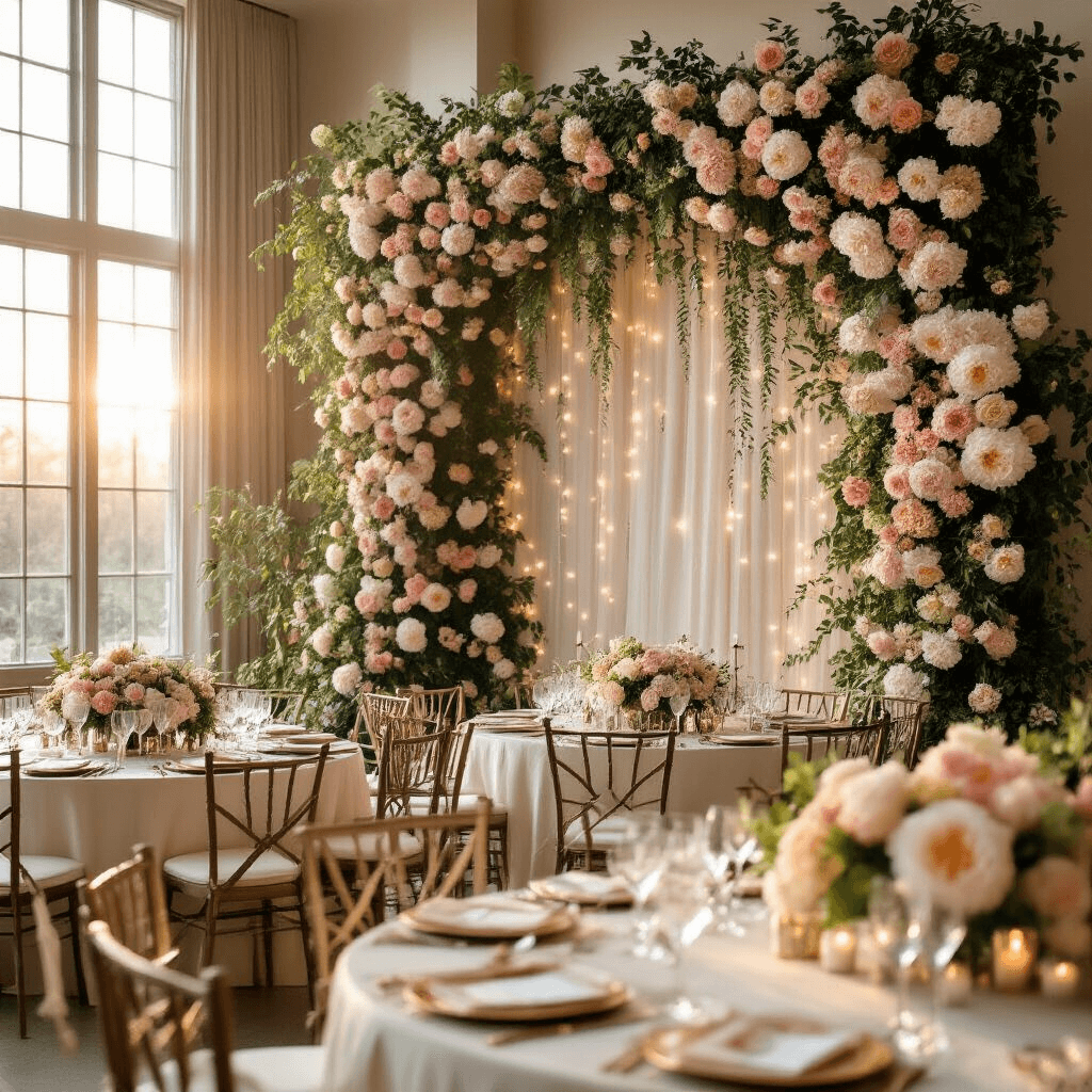 Cinematic wide-angle shot of a ballroom at golden hour, showcasing a floral wall of peonies and roses in blush pink and cream, elegant tables with silk linens and gold accents, and sunlight illuminating the space with twinkling fairy lights.