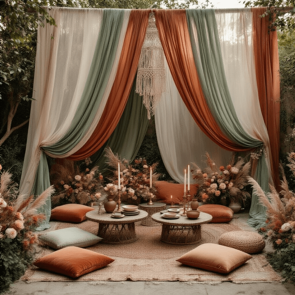 Overhead view of an intimate garden setting featuring sheer chiffon and velvet drapes in terracotta and sage, with low tables and floor cushions, adorned with brass candlesticks, ceramic dinnerware, and dried botanicals, all softly lit by evening candlelight.